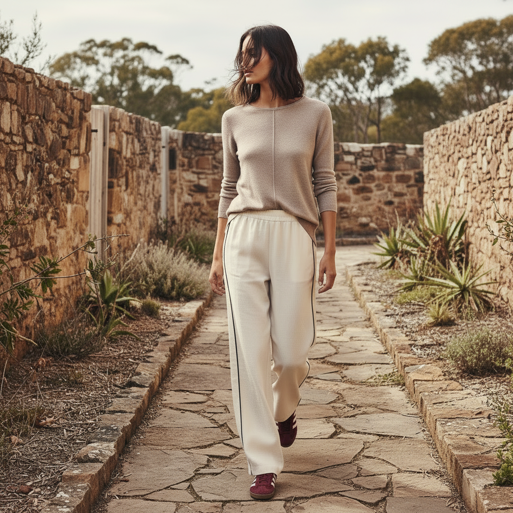 girl wearing a natural pure cotton knit Kato sweater 