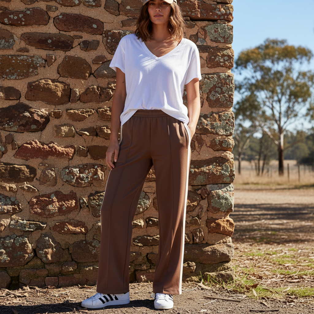 girl in White 100% cotton loose Katrina t-shirt and tracksuit pants