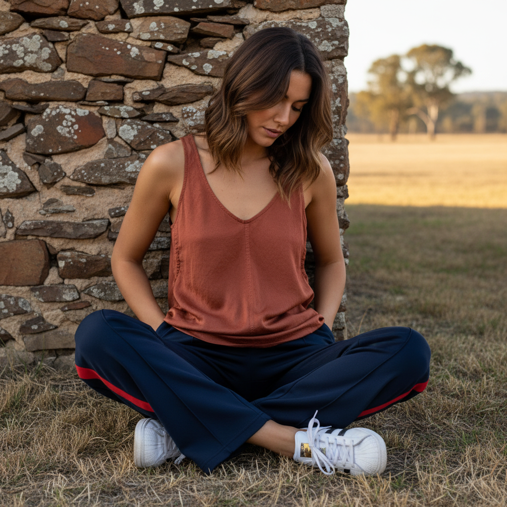 girl wearing a brown sleeveless italian linen top with tracksuit pants.