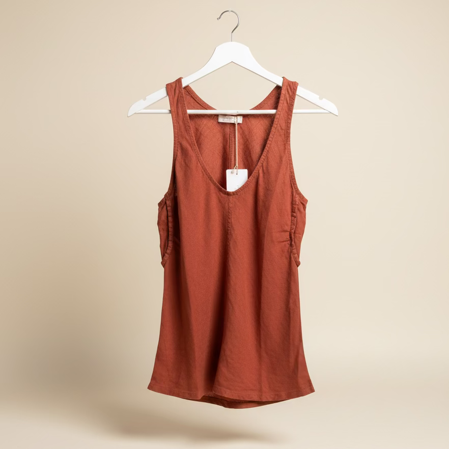 Brown Italian linen tank top on a white hanger against a beige background