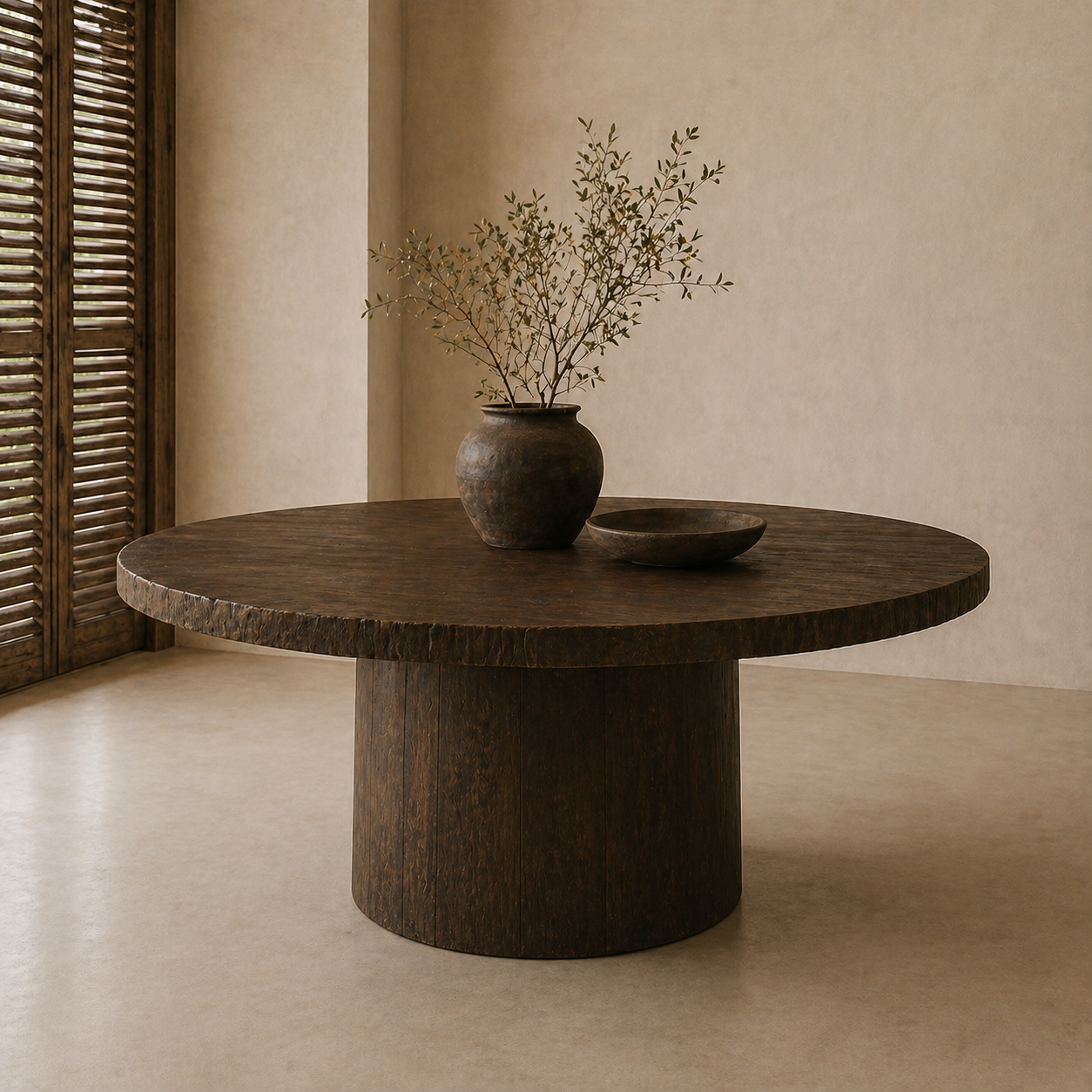 komano 150cm round reclaimed teak raw edge dining table