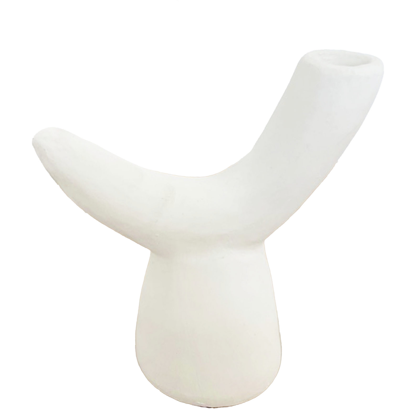 A terracotta white candleholder with a Y-shaped design, with a whitewashed finish.
