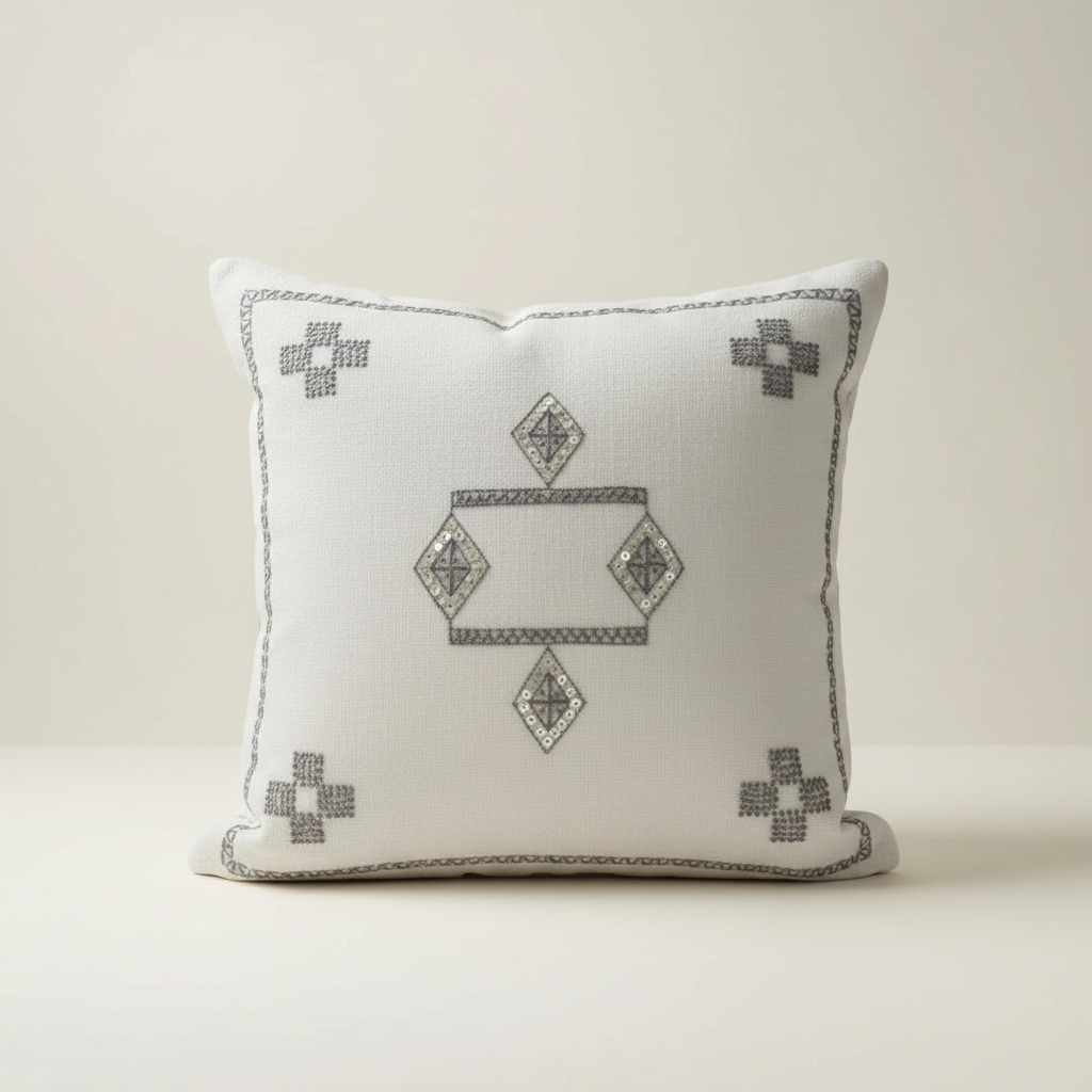 Decorative pillow with geometric patterns on a white background