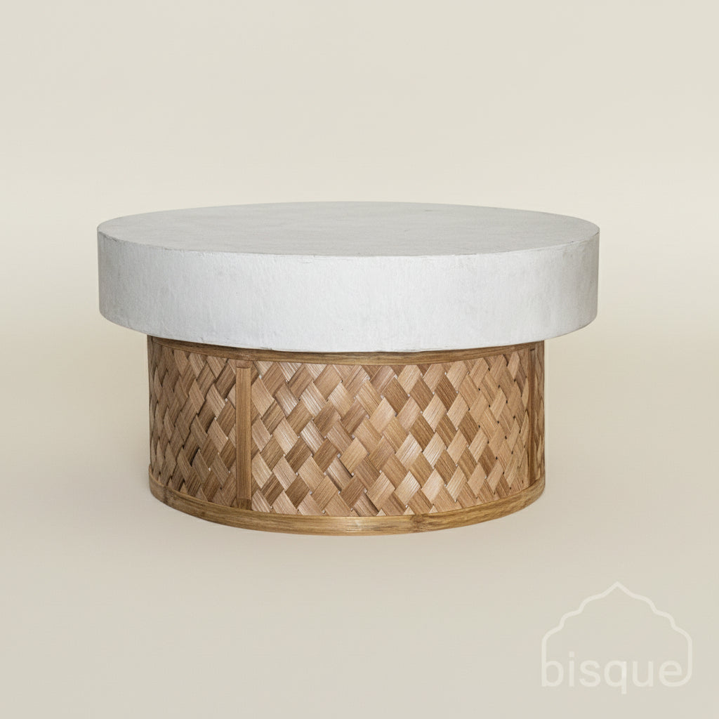 Lerato woven bamboo and resin round coffee table, wabi sabi, bisque