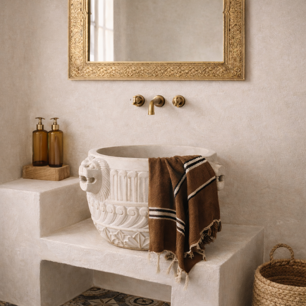 Lion face carved white marble basin 