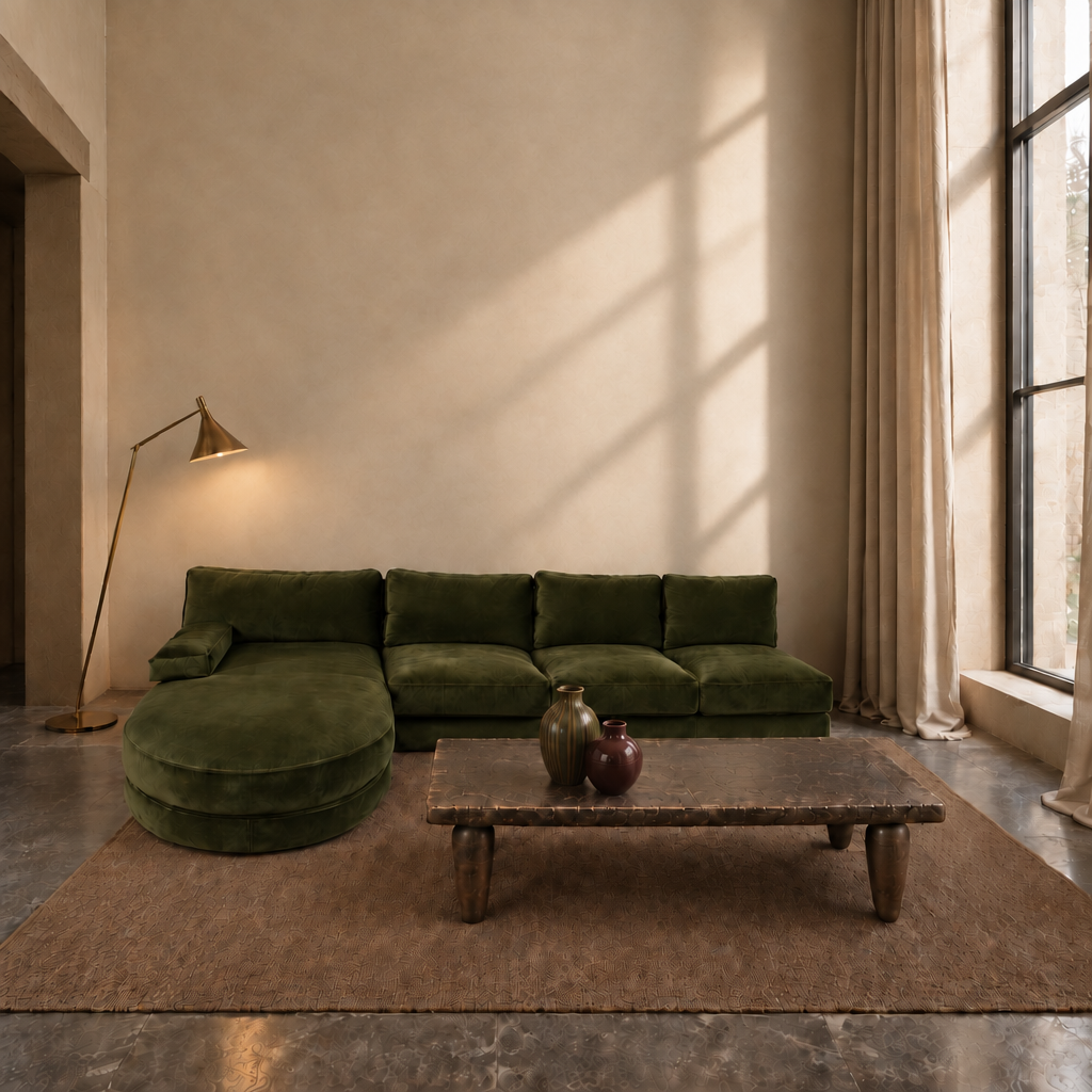 An olive green sectional sofa with a chaise lounge on the left, shown against a plain off-white background with a light gray rounded border.