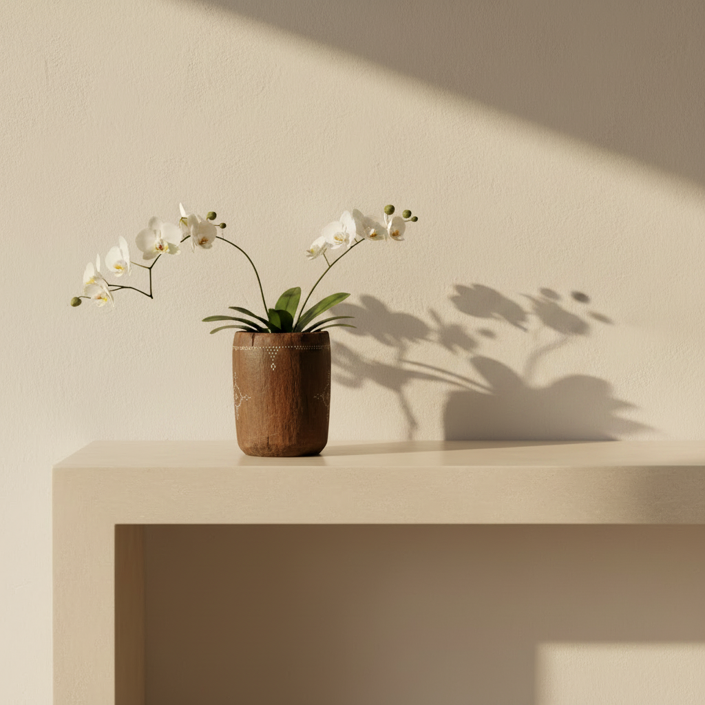 bone inlay wood pot with orchid