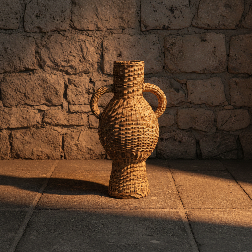 A hand-woven natural fiber vase with a bulbous body, narrow neck, and two loop handles, shown against a plain light gray background.