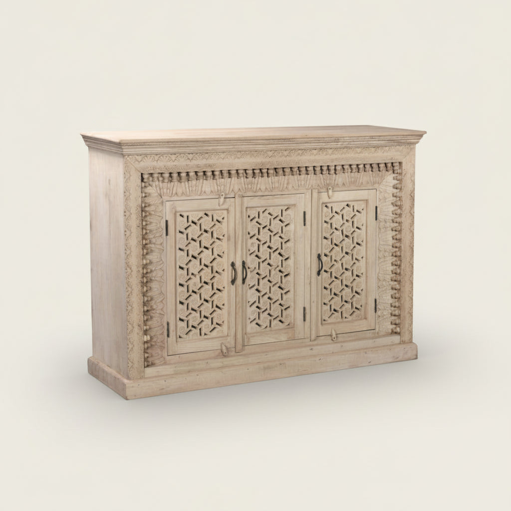 white washed carved cabinet Bisque