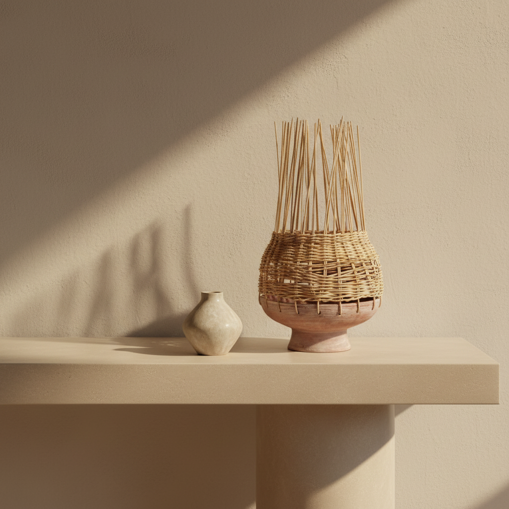 A hand-woven natural fiber basket with a wide, rounded body, open lattice pattern, and a flared base, standing upright against a solid light beige background.