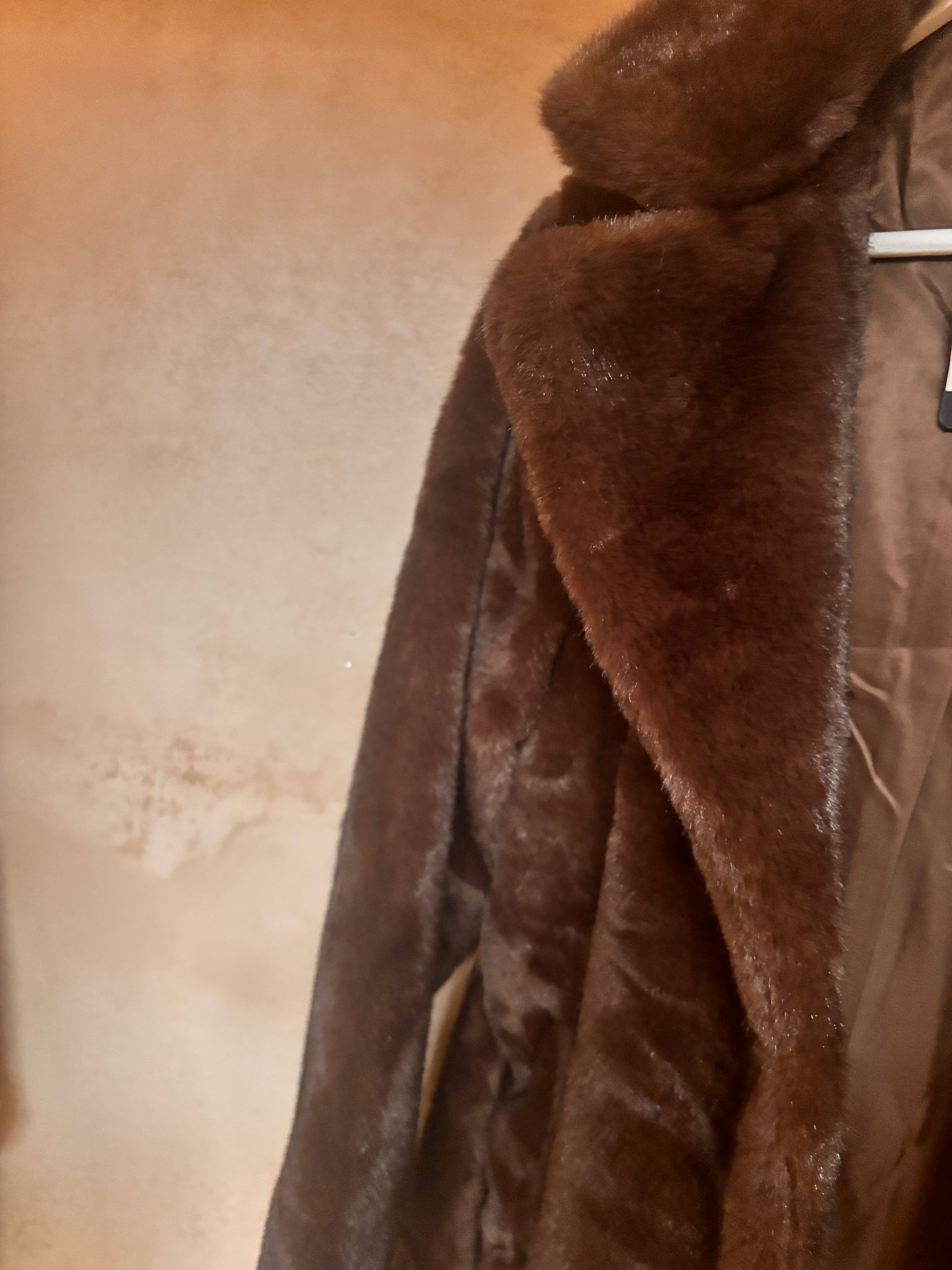 Brown faux fur mink Margot coat close up