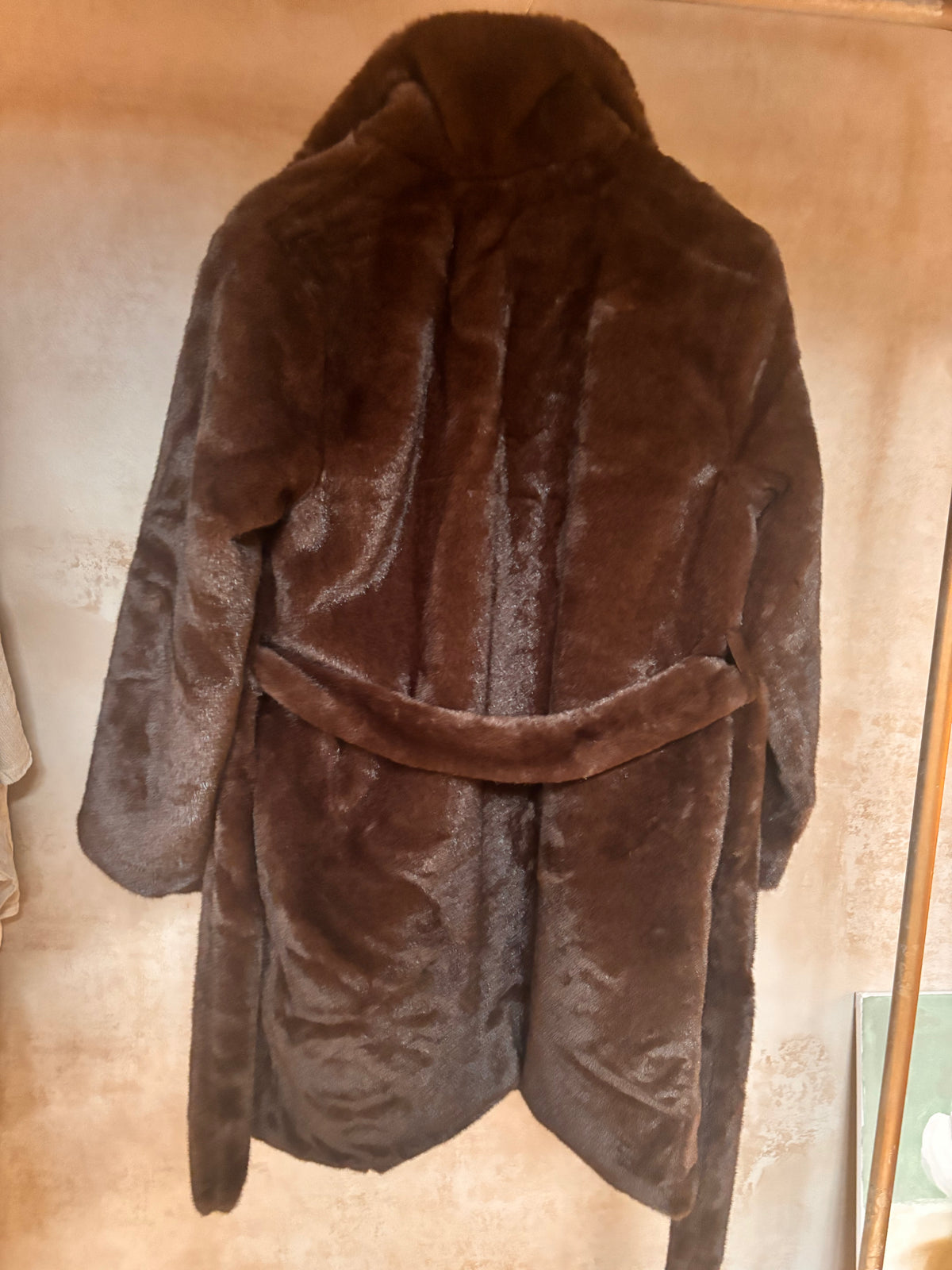 Brown faux fur mink Margotcoat displayed against a neutral background, back view