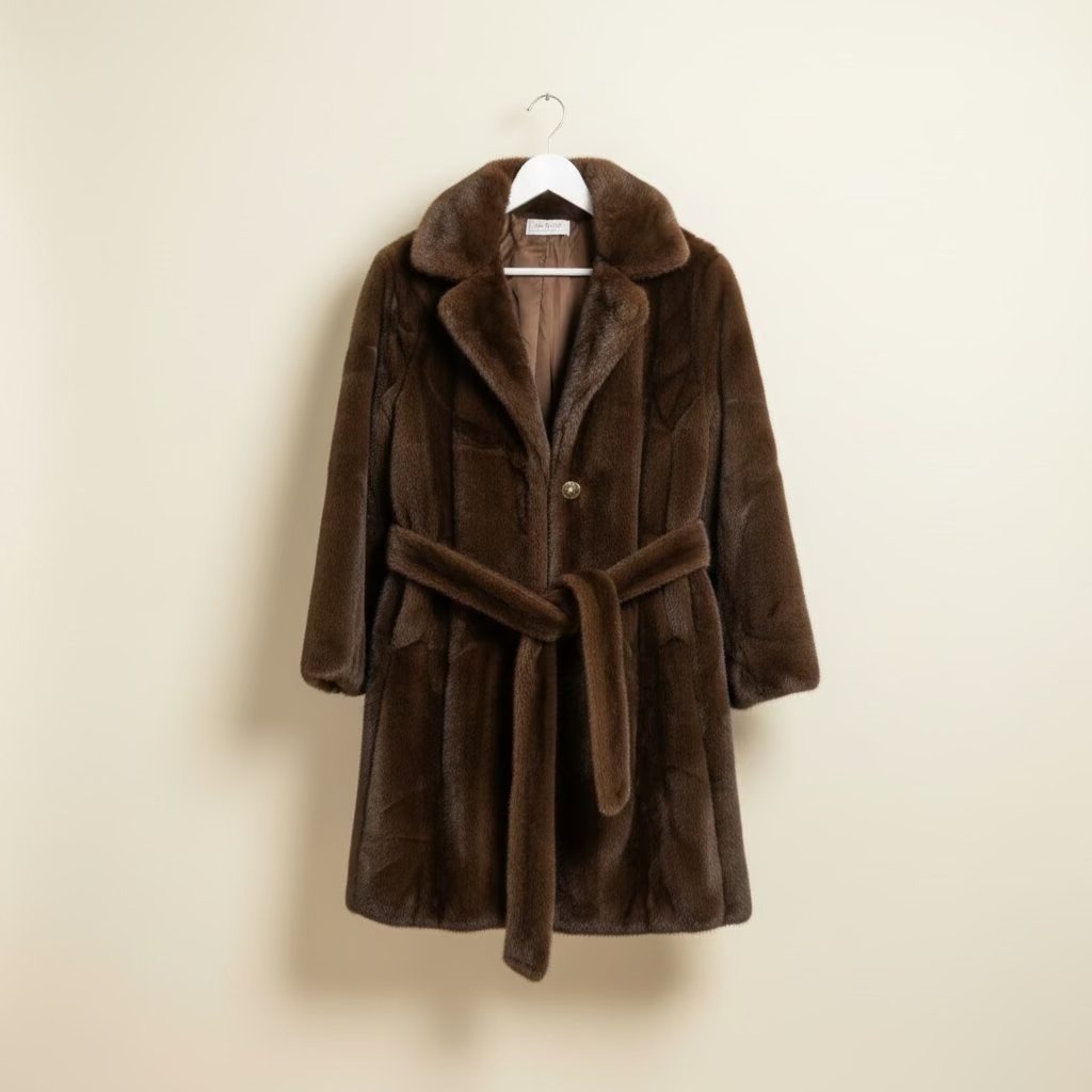 Brown faux fur mink Margo coat on a hanger against a beige wall