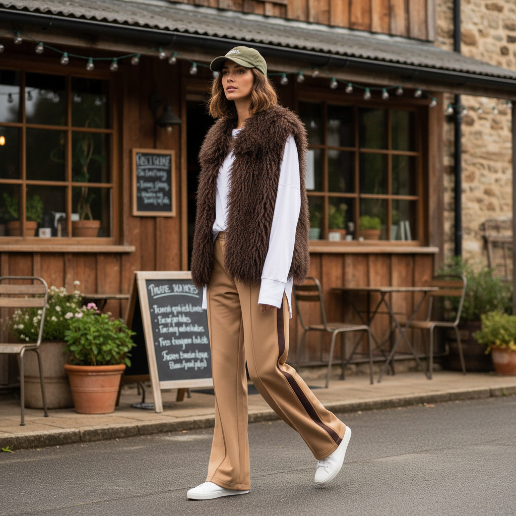 Model wearing a faux fur Marguerite Mongolian sheep vest in brown, styled with casual pants and sneakers.