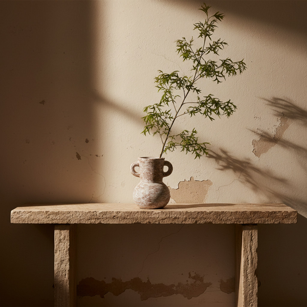 A rustic ceramic vase with a rounded bulbous body, a flared neck, and two loop handles, featuring a distressed brown and off-white textured glaze, set against a solid cream background.