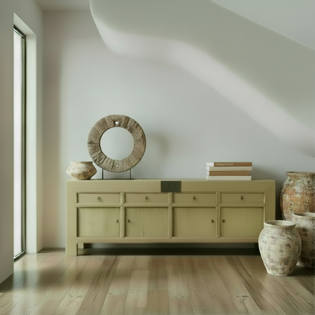 mira 2.2m long 4door/ 4drawer recycled pine cabinet, bisque