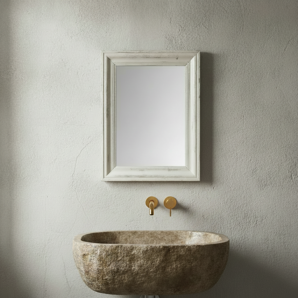 A rectangular wall mirror with a distressed, weathered white wood frame, standing upright against a plain white background.