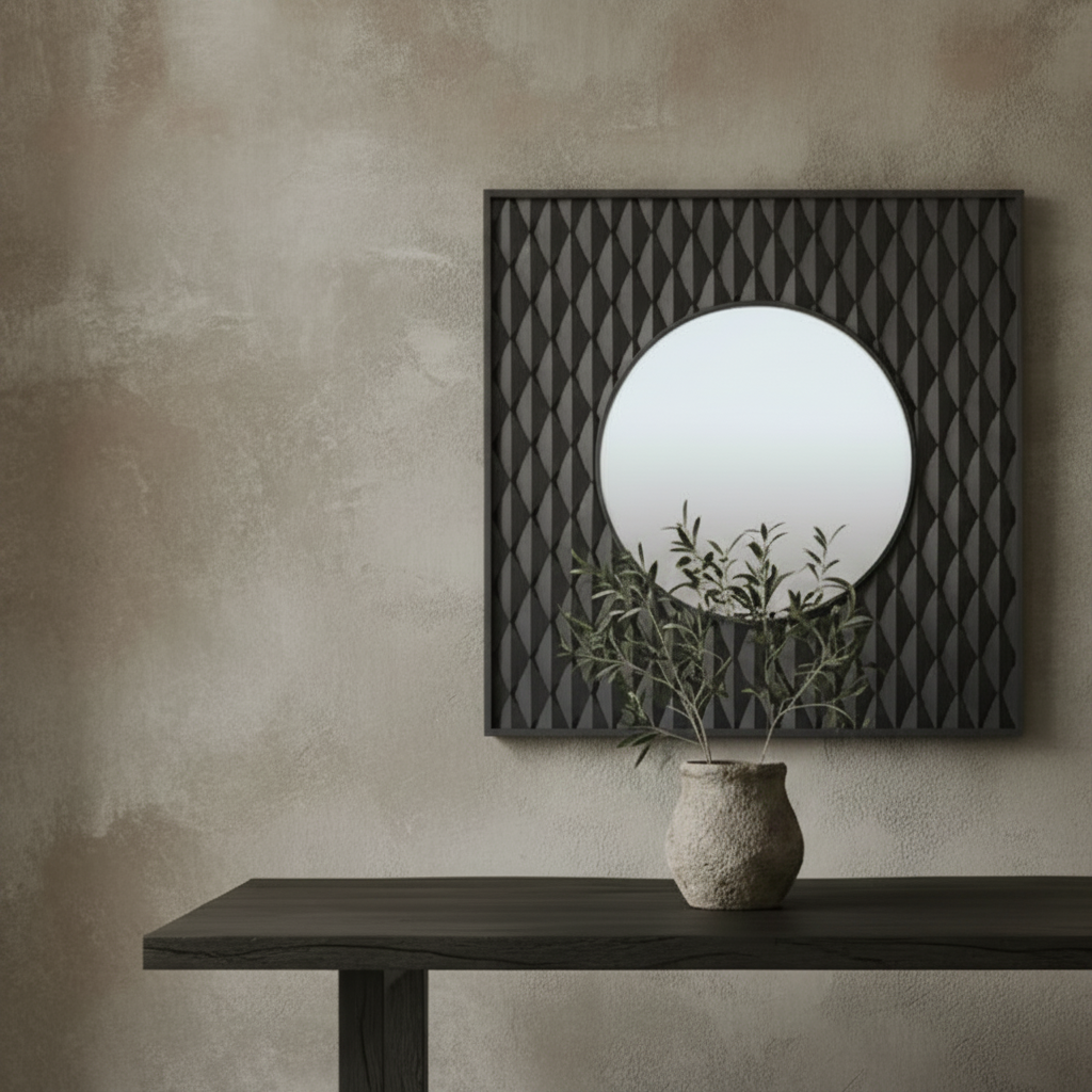 A square wall mirror with a textured dark frame and a large circular reflective center, mounted on a textured beige wall above a dark console table with a small vase of greenery.