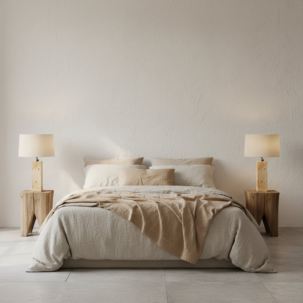 A minimalist bedroom scene with a bed flanked by two matching fossilised coral bedside lamps on wooden nightstands against a textured off-white wall.