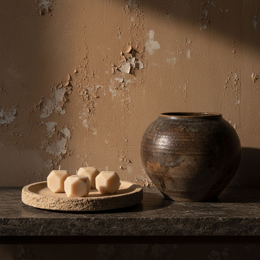 A close-up of a beige wax candle with a single wick, showing a smooth, matte finish and a subtle shadow on a dark background.