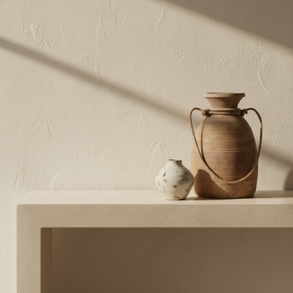 A rustic, handcrafted clay vase with a rounded body, a flared mouth, and a thick natural-fiber carrying handle tied around the neck, shown against a neutral light beige background.