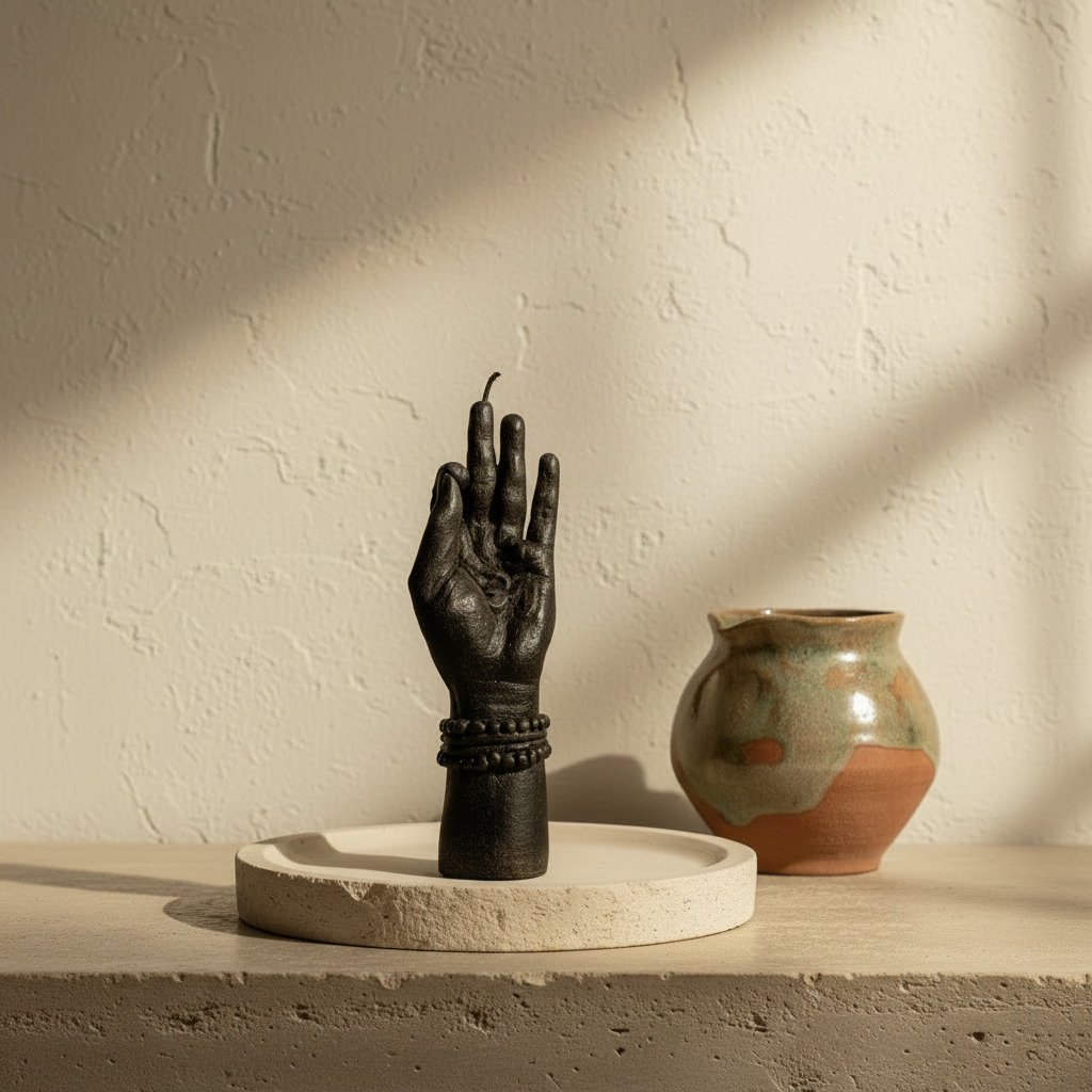 A black  om symbol hand candle shown from the back on a matching stone pedestal against a white background.