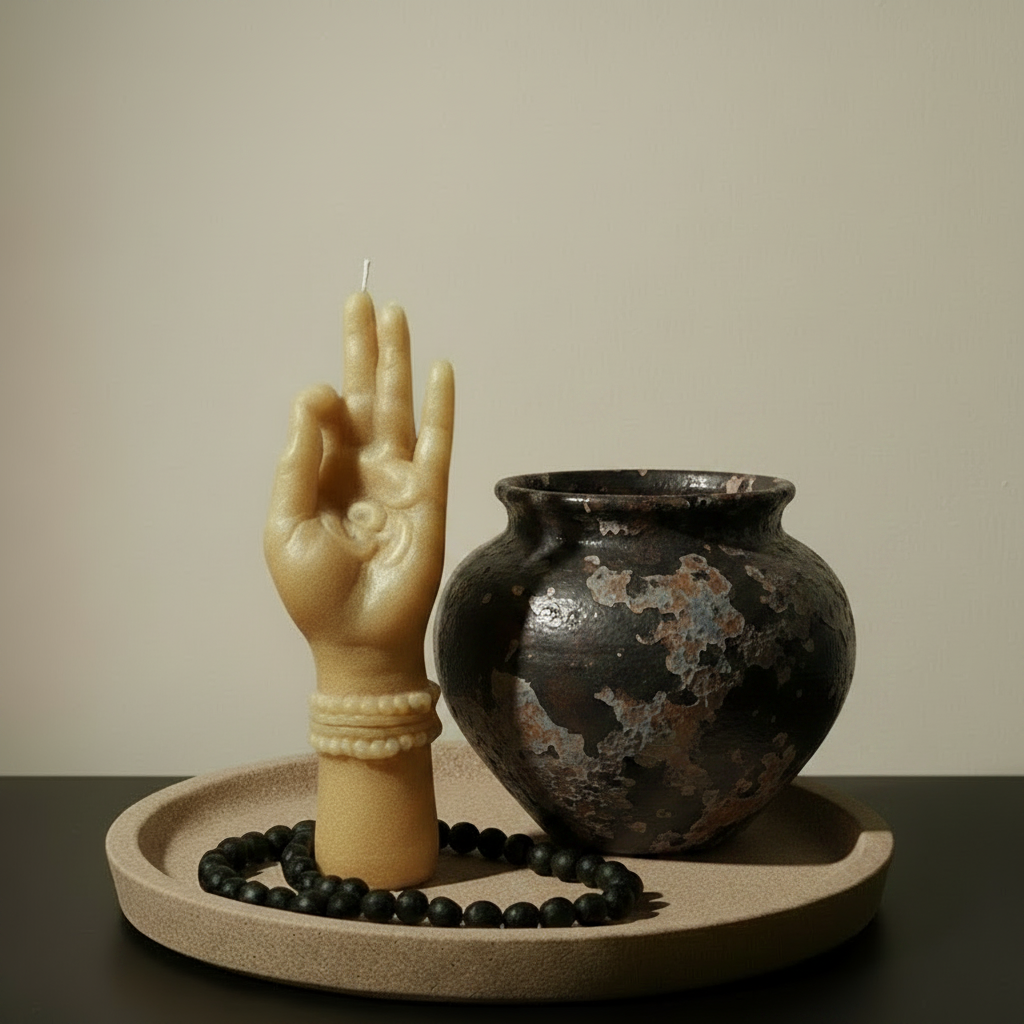 A styled tabletop arrangement featuring a sculptural beige hand statue wearing a beaded bracelet, a white ceramic vase filled with white flowers and green leaves, and a black beaded necklace resting on a round beige tray against a warm beige wall.