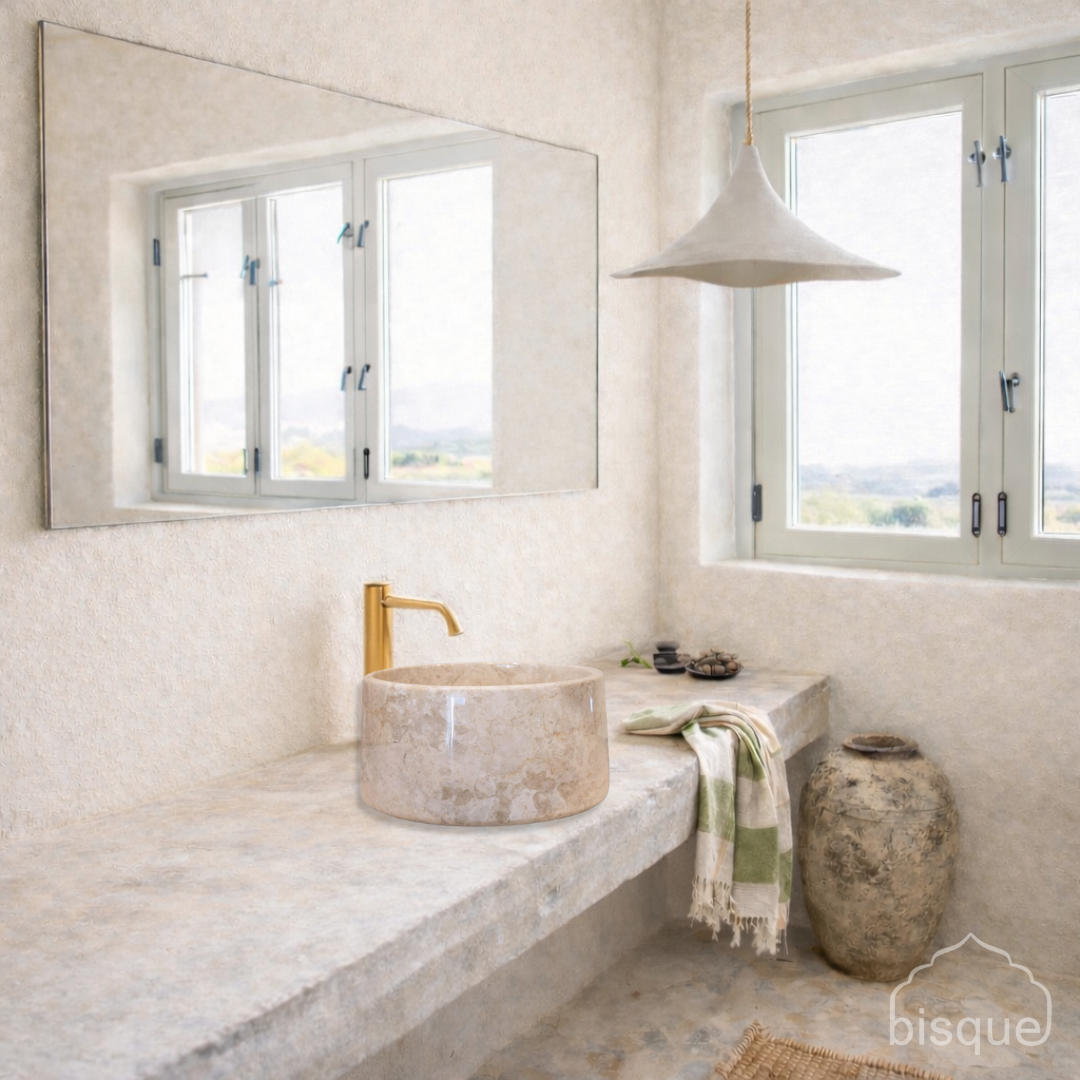 Pasha : round polished cream marble basin