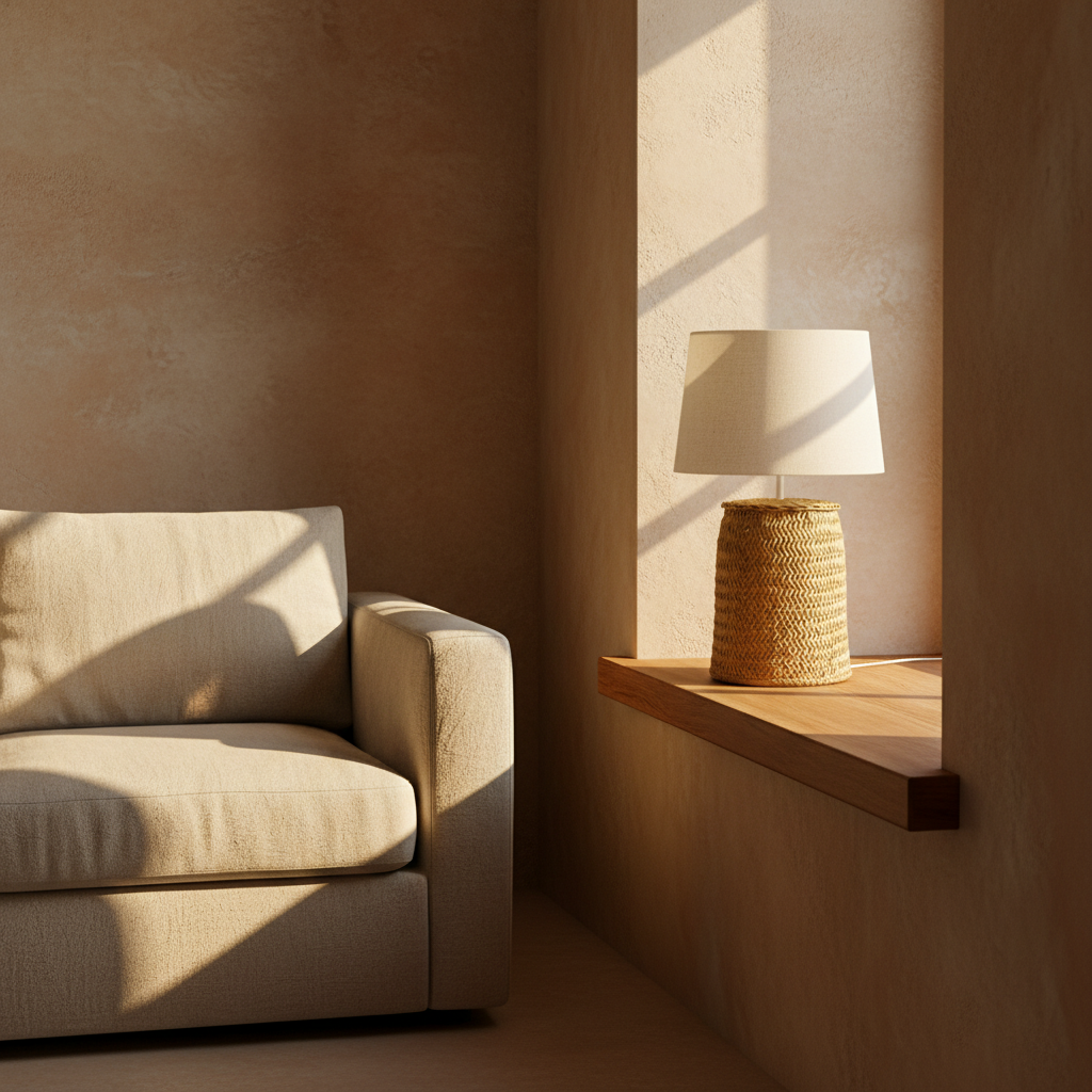 A table lamp with a natural woven straw base and a white fabric drum shade, shown against a plain white background.