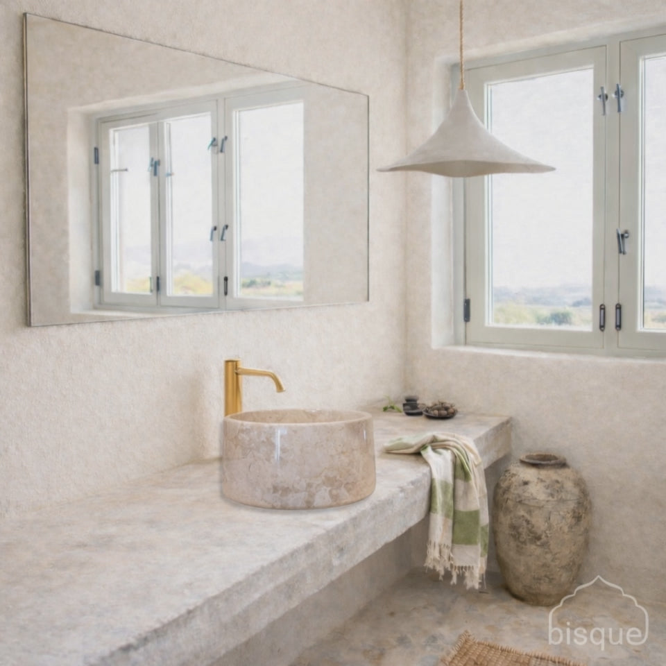 Basin: Pasha, Round Polished Cream Marble 36cm Basin