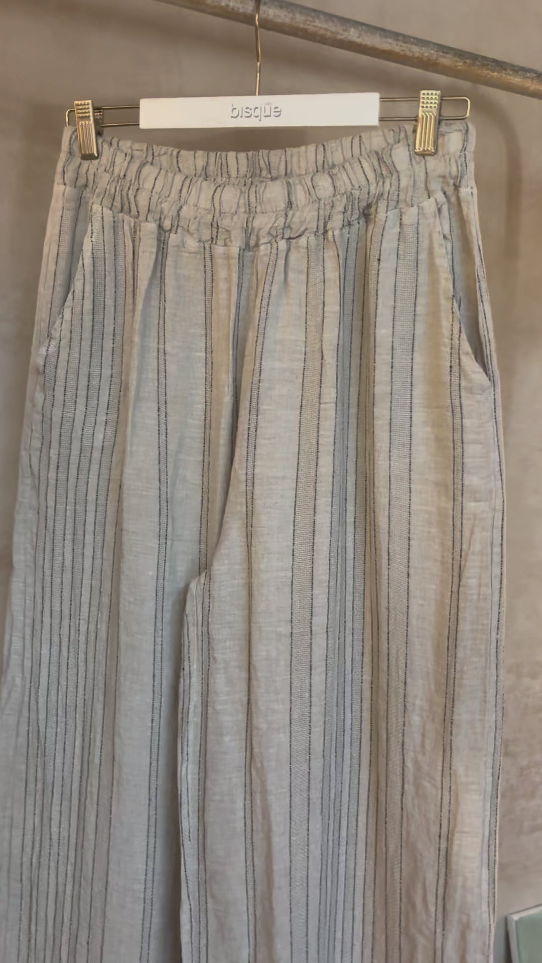 Italian Linen :Arabella: Pants, L/XL: Beige Stripe