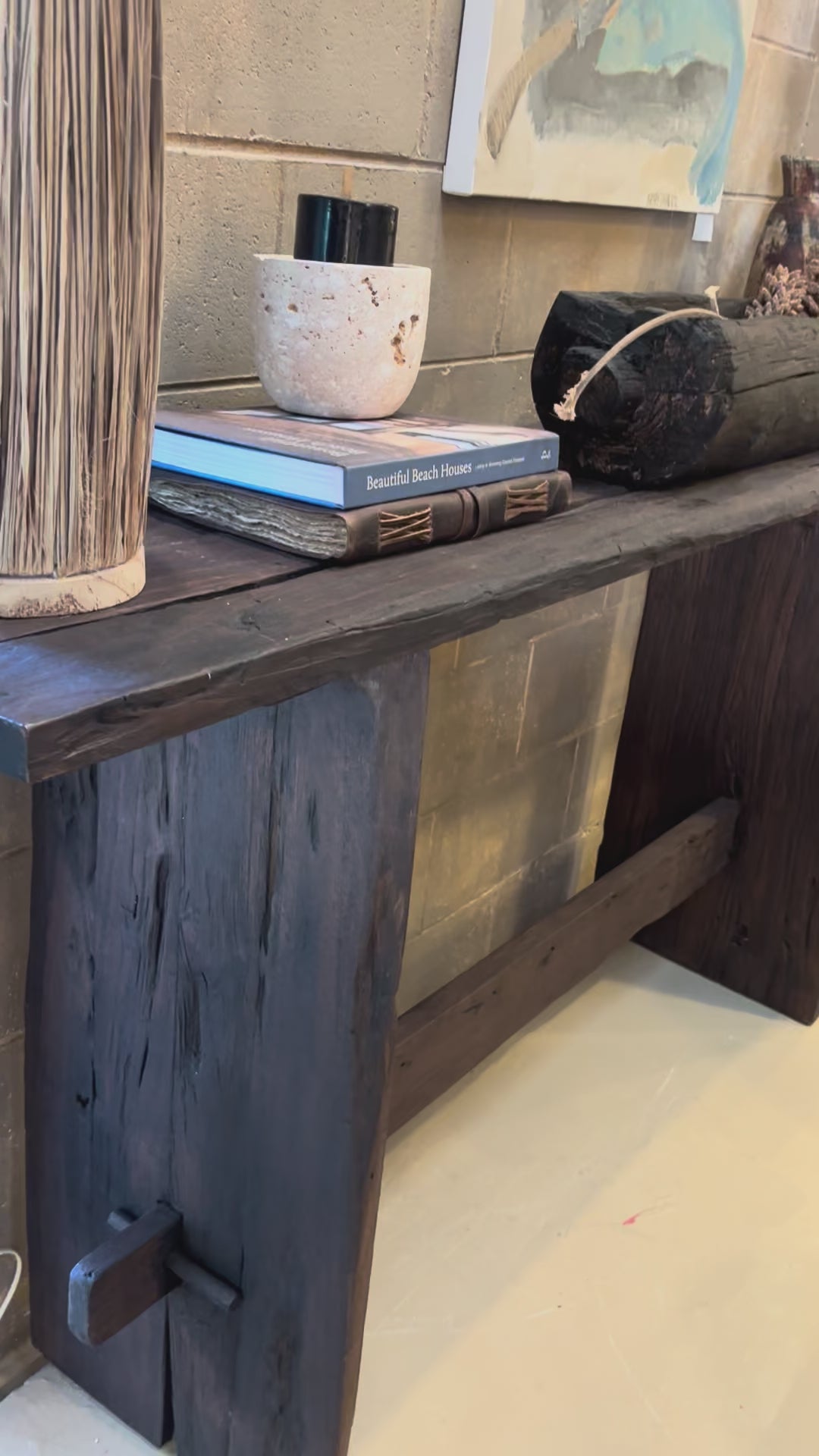 Bari : Reclaimed Teak Raw Wood Wabi Sabi Style Console 180cm | Dark Stain