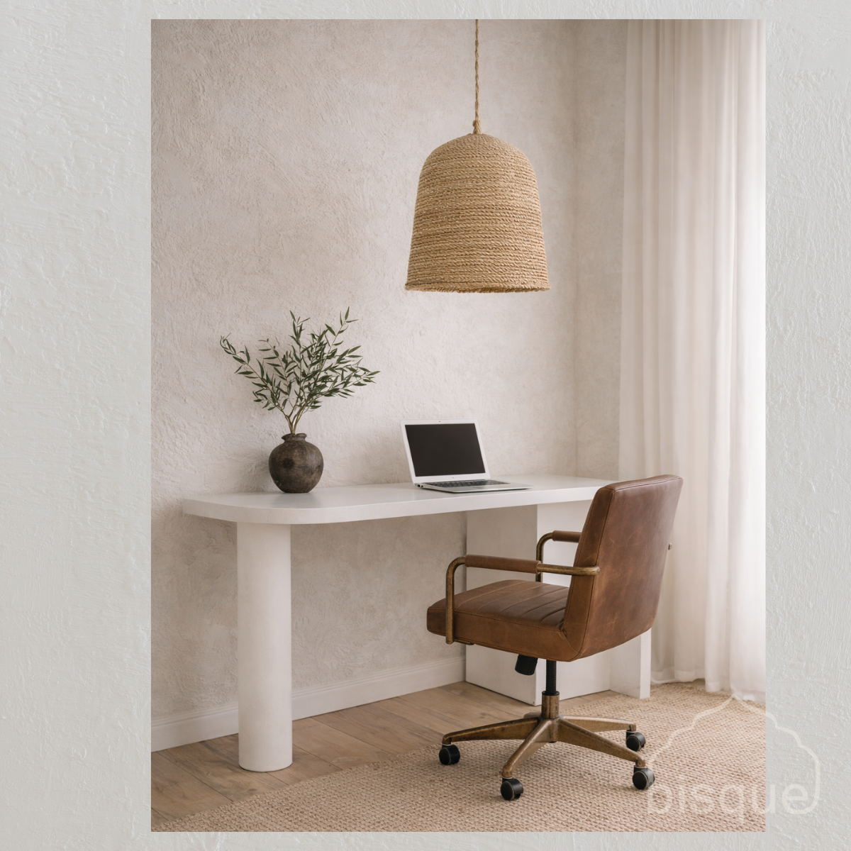 white fibreglass modern table with leather office chair and rattan pendant. Bisque 