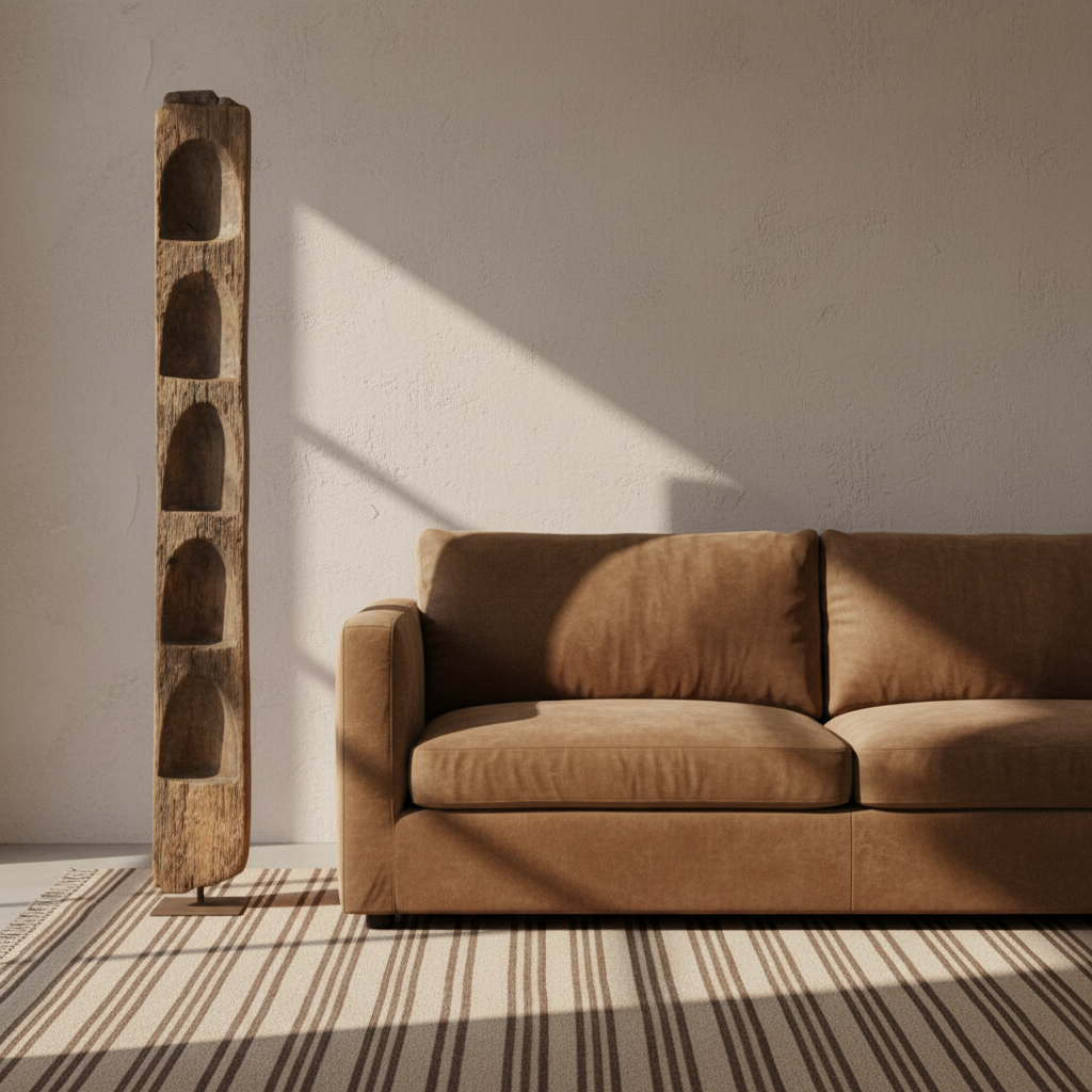 A tall, narrow carved wooden object with multiple arched recesses, shown upright on a plain light beige background.