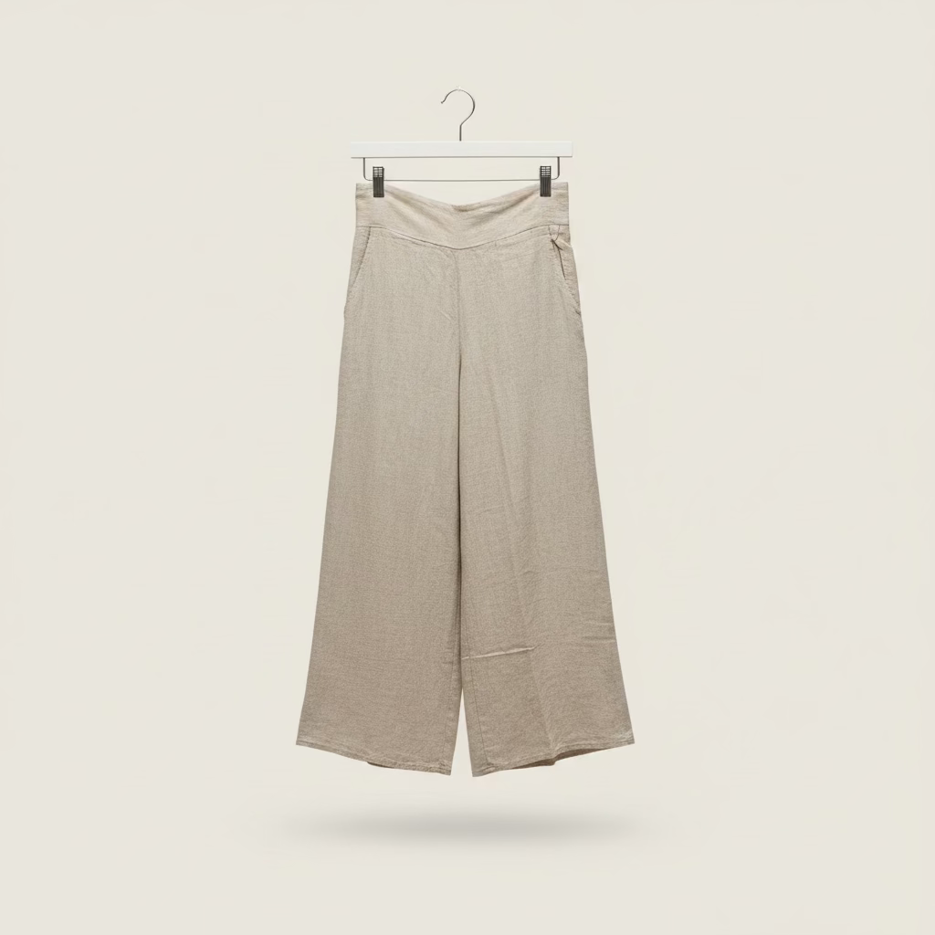 Italian Linen : Renata : Wide Leg Pants, S-M, Flat Front | Natural