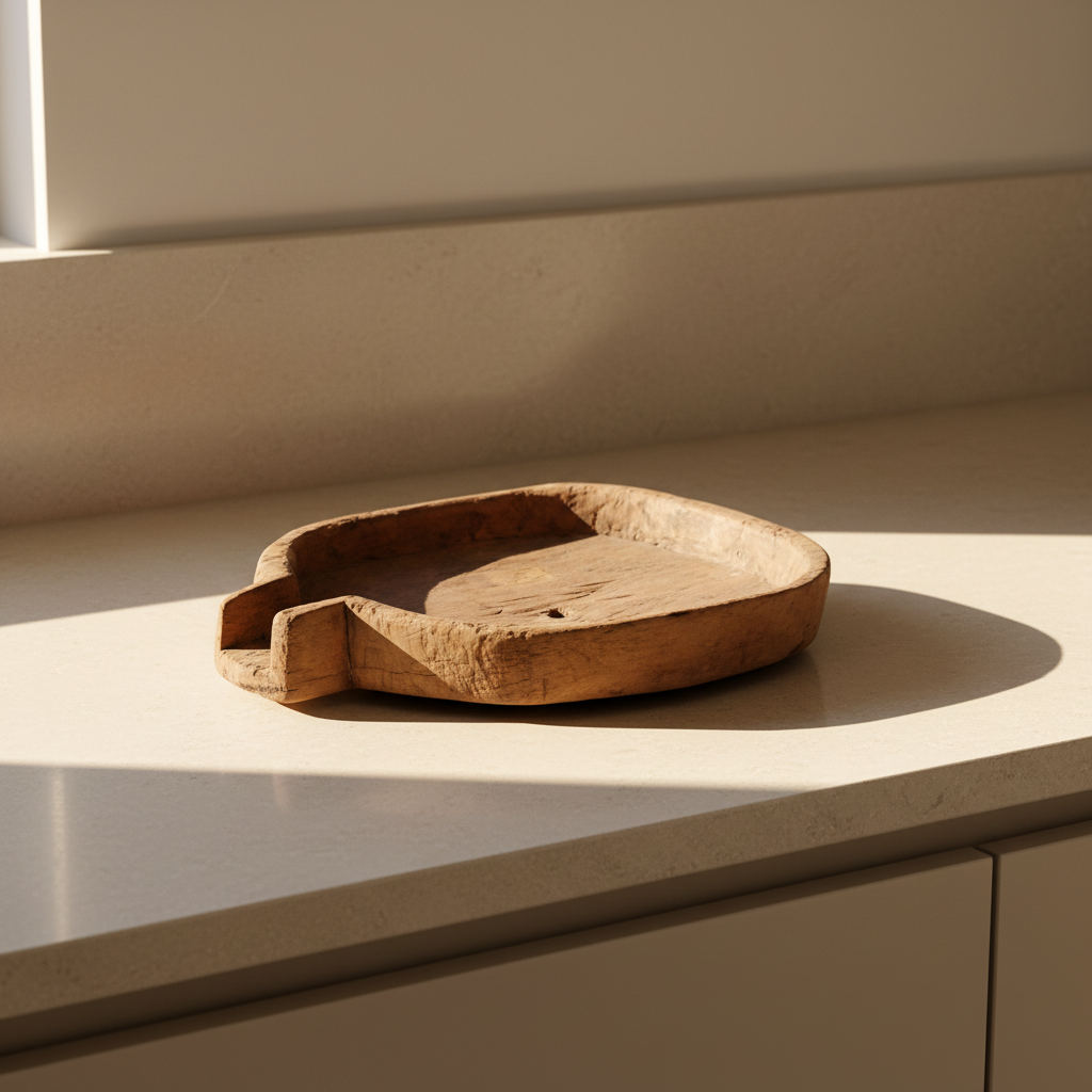 A rustic, hand-carved wooden serving tray with a small handle on one side, shown on a plain off-white background.