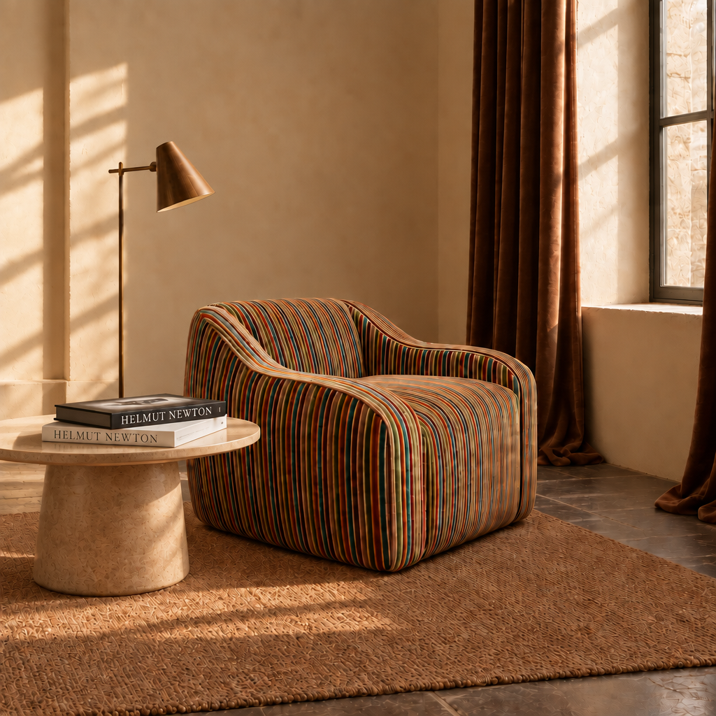 A modern barrel-style armchair with vertical multicolor stripes in warm brown, orange, blue, and cream tones, styled in a sunlit room with a floor lamp, textured rug, and dark curtains.