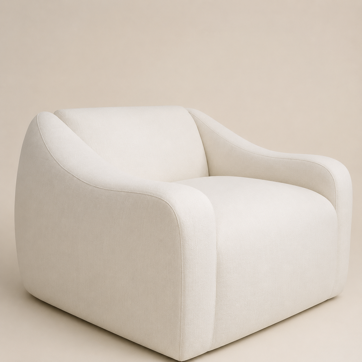 A modern low-profile armchair upholstered in a warm off-white textured fabric, shown from a three-quarter angle against a solid beige background.