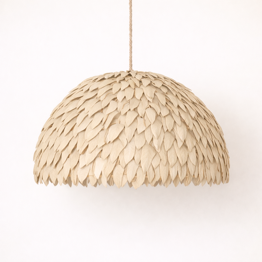 Coconut and rattan pendant lamp with leaf-like design on a white background