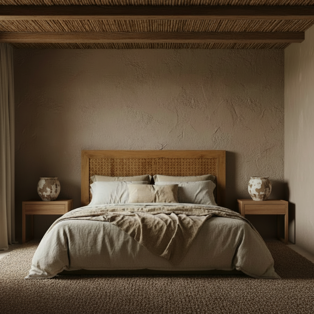 Wooden headboard with woven pattern on a wabi sabi background