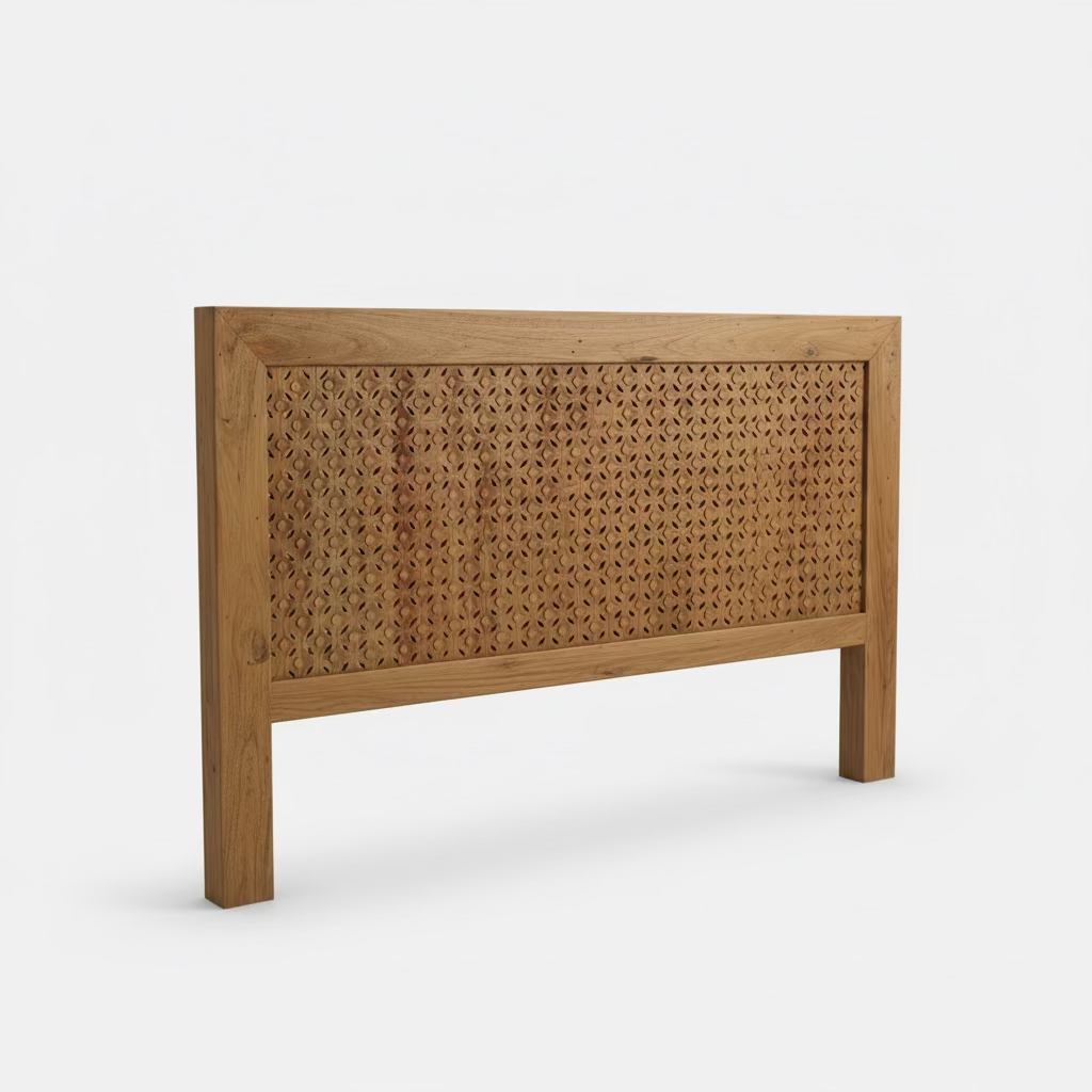 Wooden carved headboard with woven design on a white background