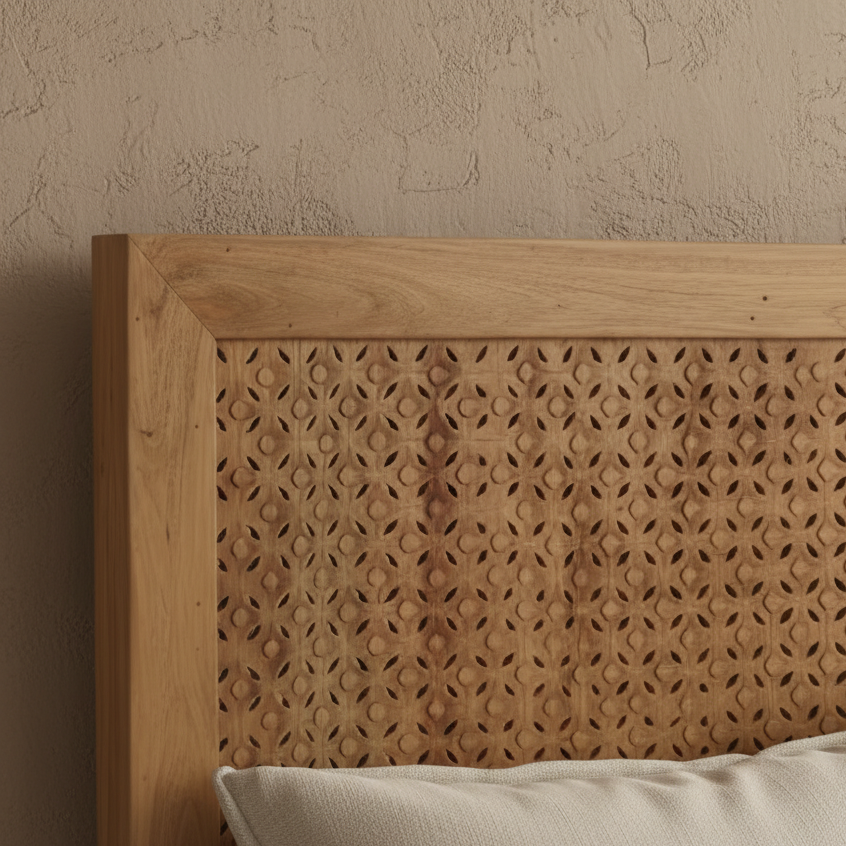 


Wooden panel with intricate cut-out design on a white background