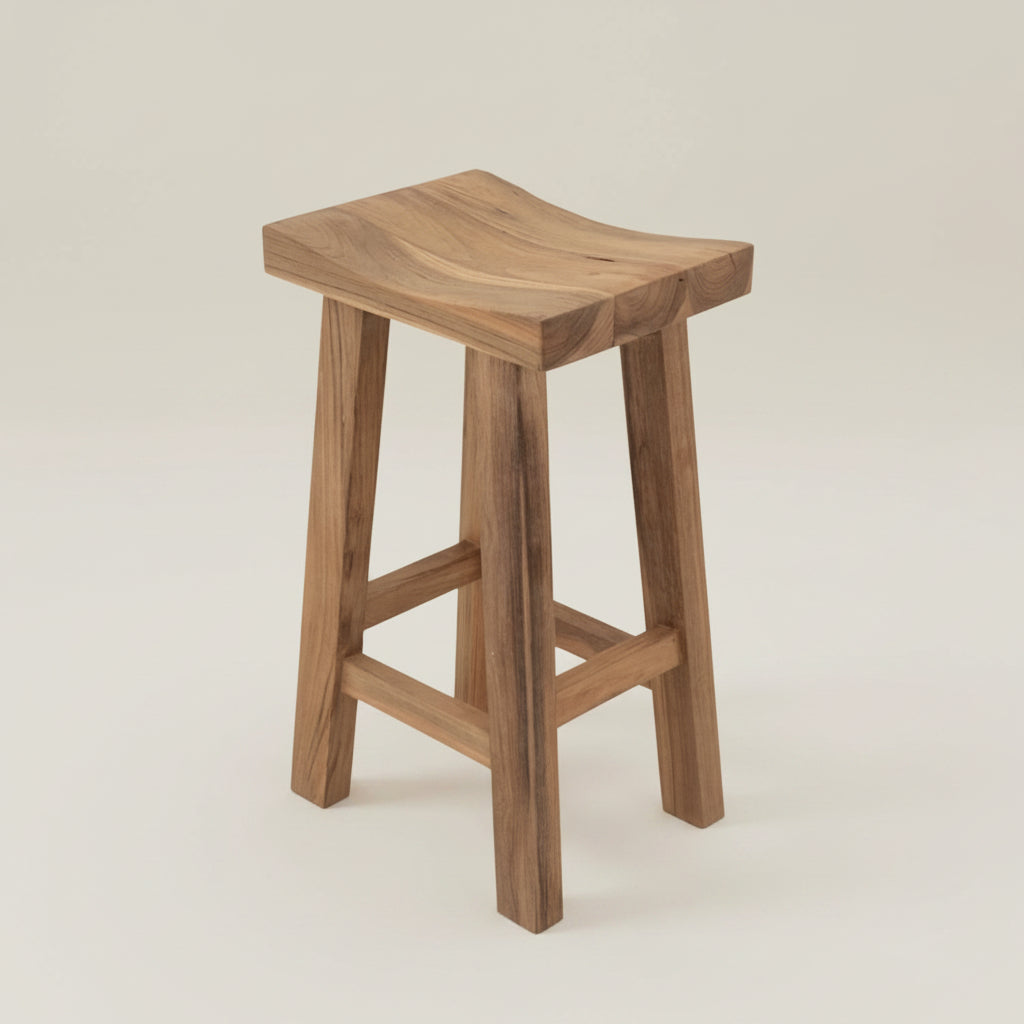 Santi Teak outdoor concave barstools, wabi sabi, Bisque