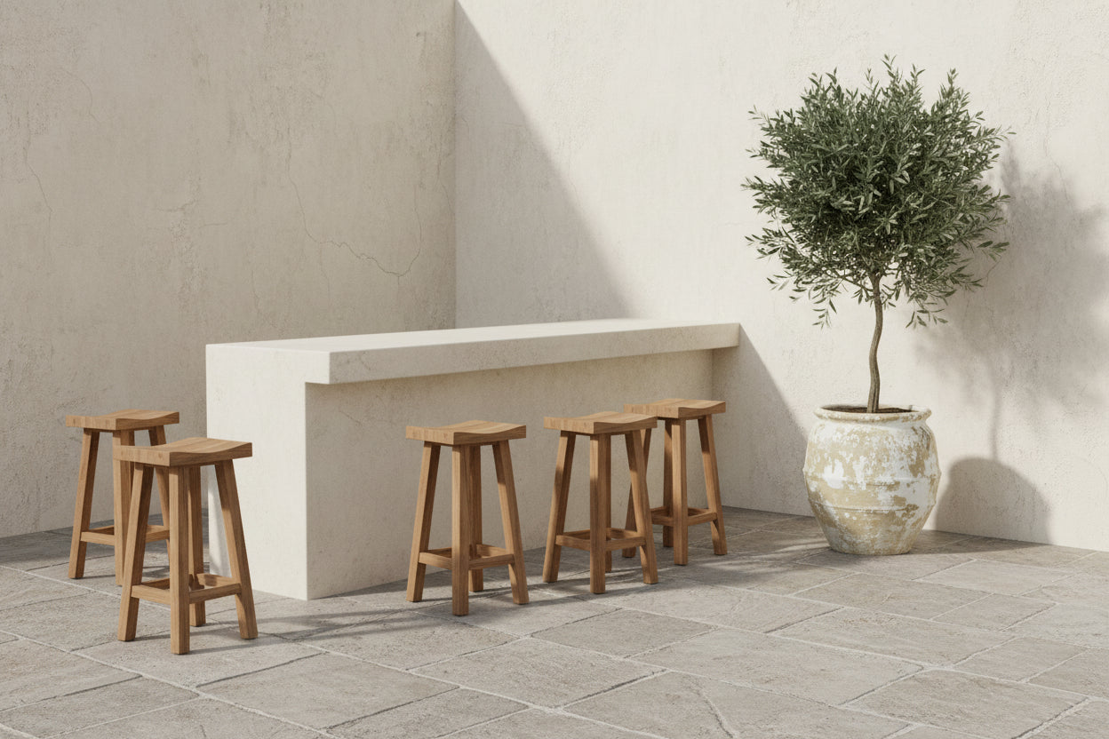 Santi Teak Outdoor concave barstools, wabi sabi, Bisque