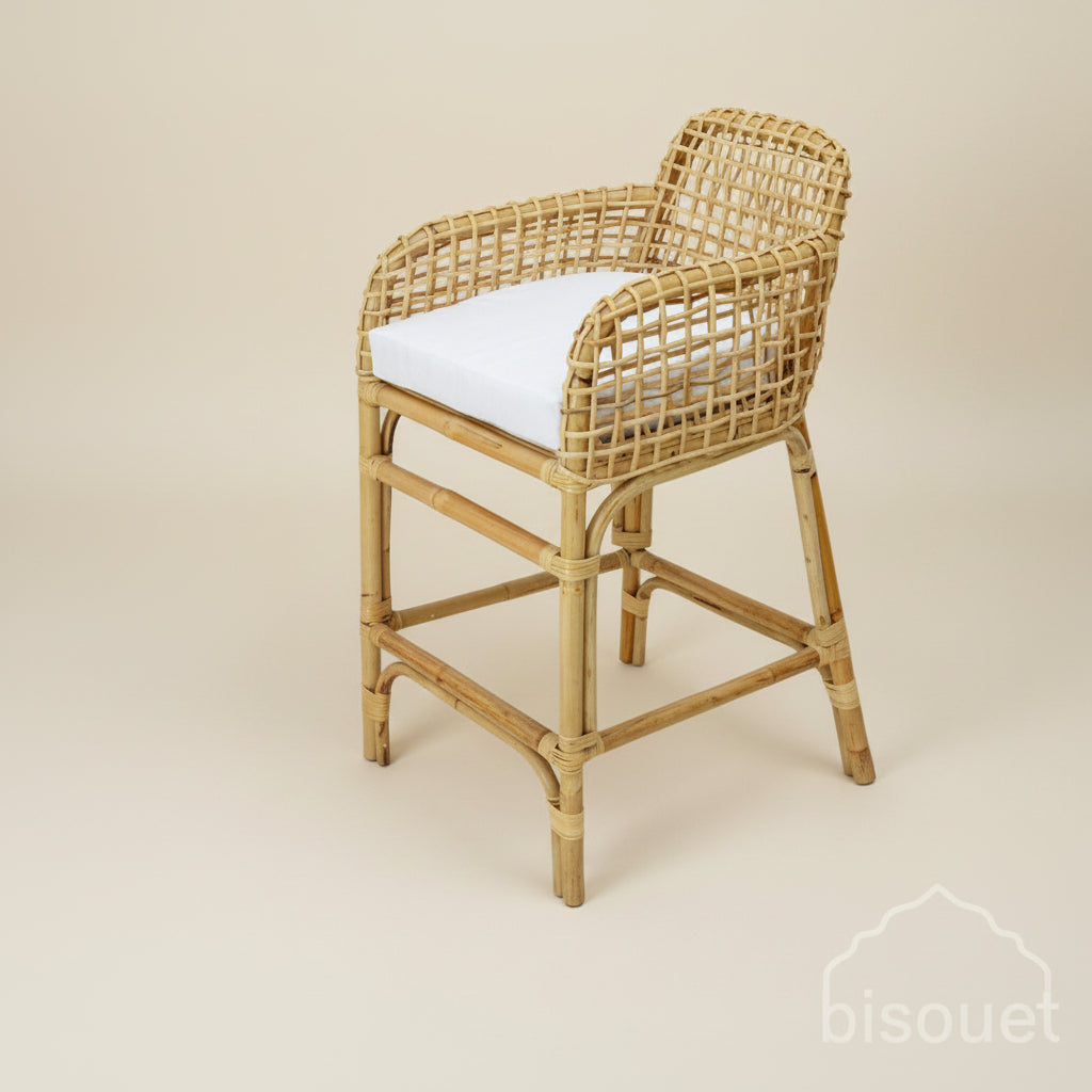 Sarah rattan woven barstool with white cushion 