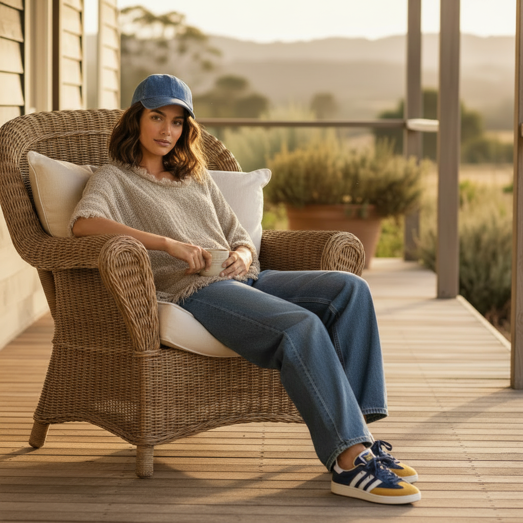 girl wearing a italian linen Saritan Beige knitted poncho sitting on a rural veranda.