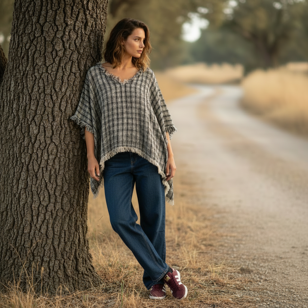 Woman leaning against a tree on a rural road