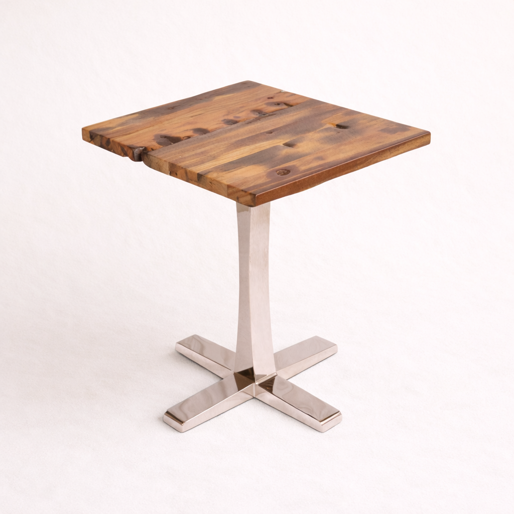 Wooden table with metal base on a white background