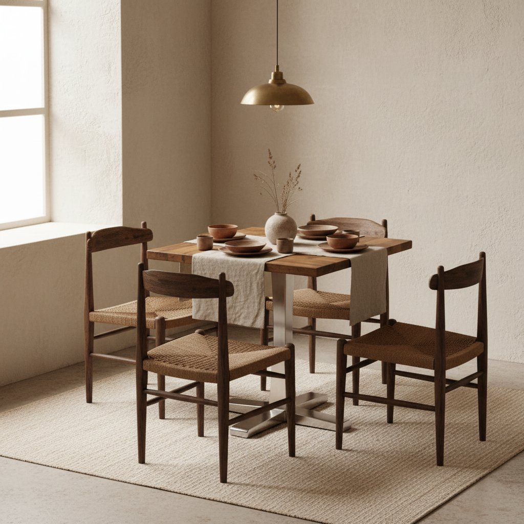 Reclaimed wood table with stainless steel base on wabi sabi background