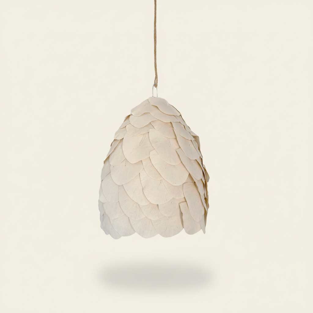 A beige cotton petal pendant light in a ceiling position with a large dome shape and numerous overlapping petals.